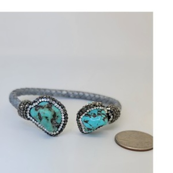 Turquoise & Round Crystal Woven Silver Cord Cuff - Picture 8 of 10
